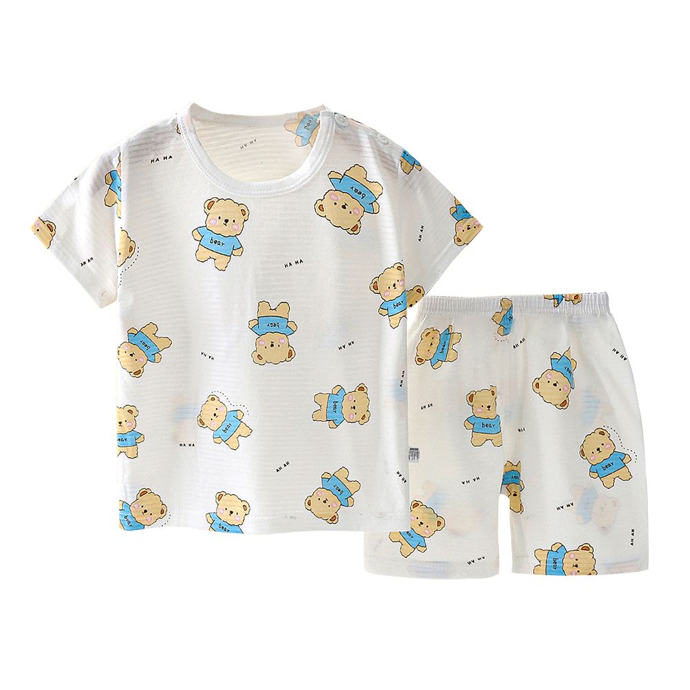 兒童短袖上衣+短褲套裝組 極薄純棉寶寶短袖上衣 寶寶短褲-皮皮熊