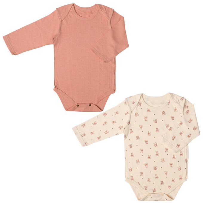 akachan honpo - 長袖套頭包屁衣2件組-蓬鬆棉 兔子-粉紅色