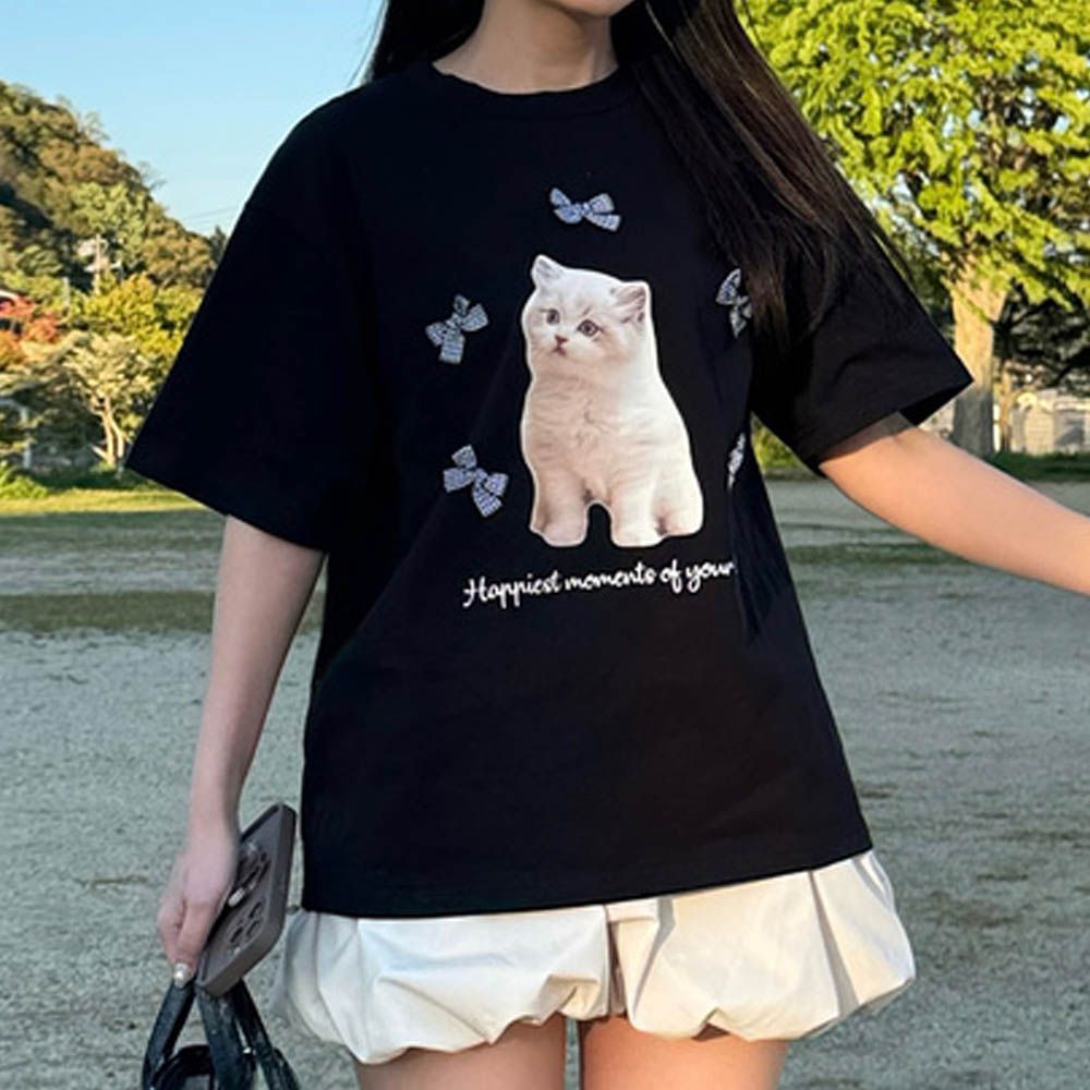 蝴蝶結裝飾可愛印花T恤-萌萌小貓-黑 (F)