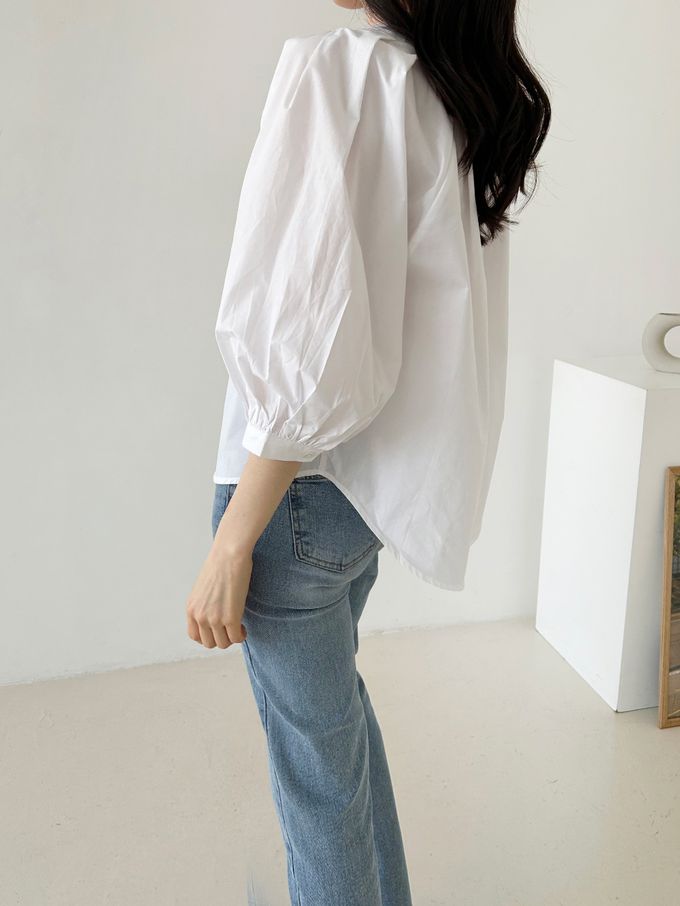 韓國女裝連線 - 氣質抓褶圓領七分袖襯衫-白 (FREE)