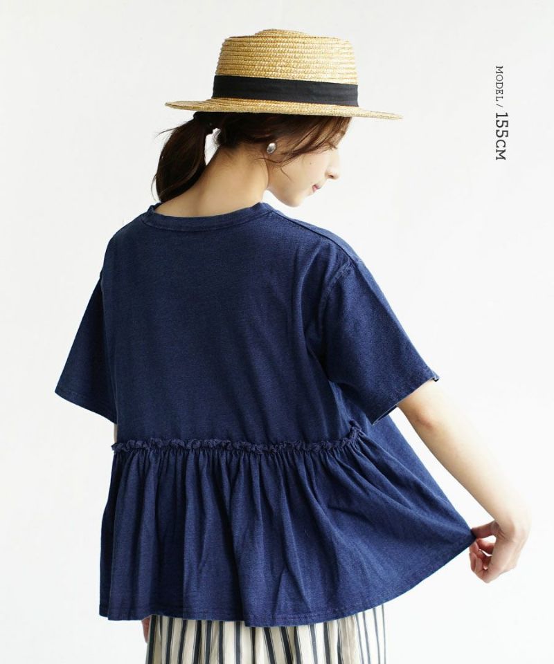 日本 zootie - 復古木耳捲邊縮腰短袖上衣-深海藍