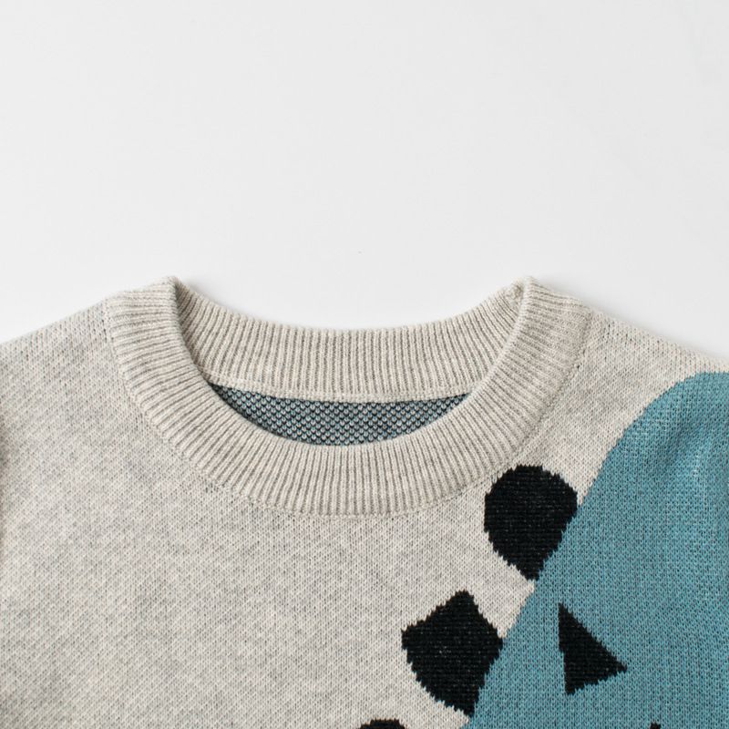 純棉圓領針織長袖上衣-藍恐龍-灰色