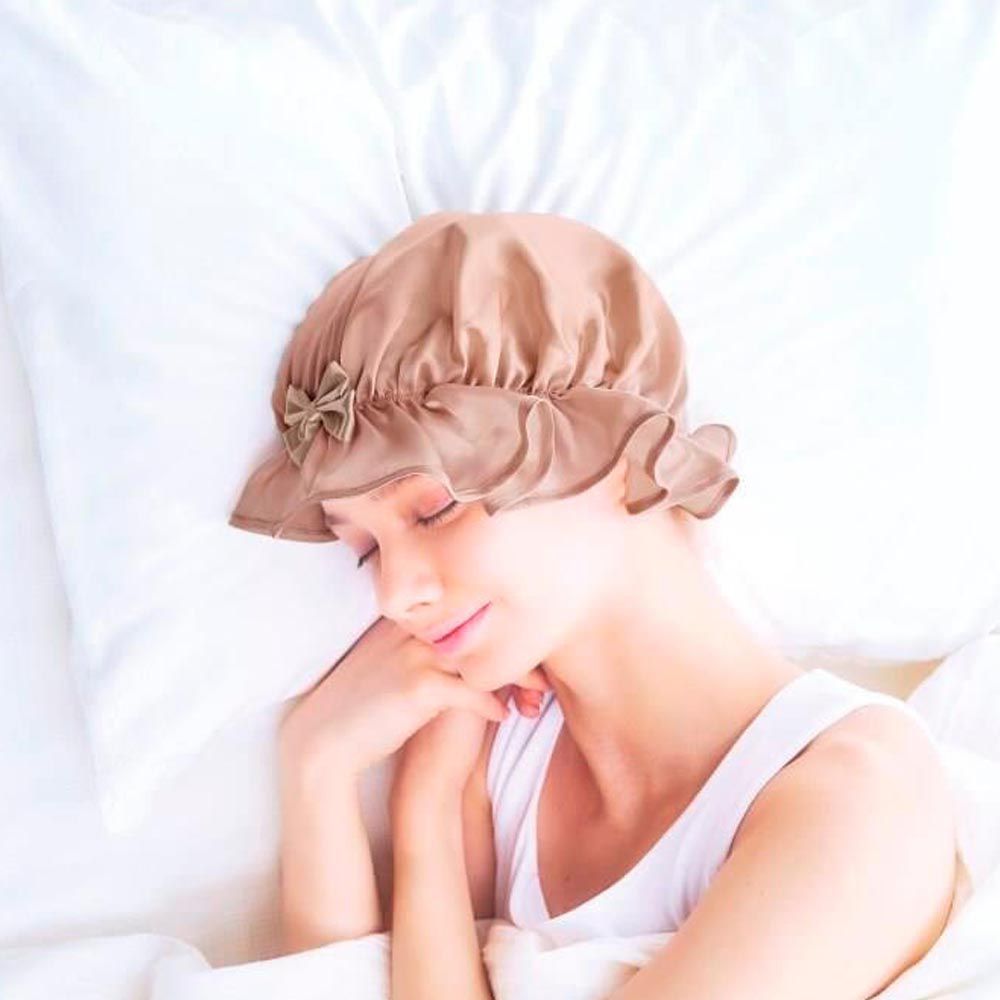 日本 COGIT - 絲綢保濕光澤感晚安美髮帽-建議短髮-卡其粉 (頭圍50-60cm)