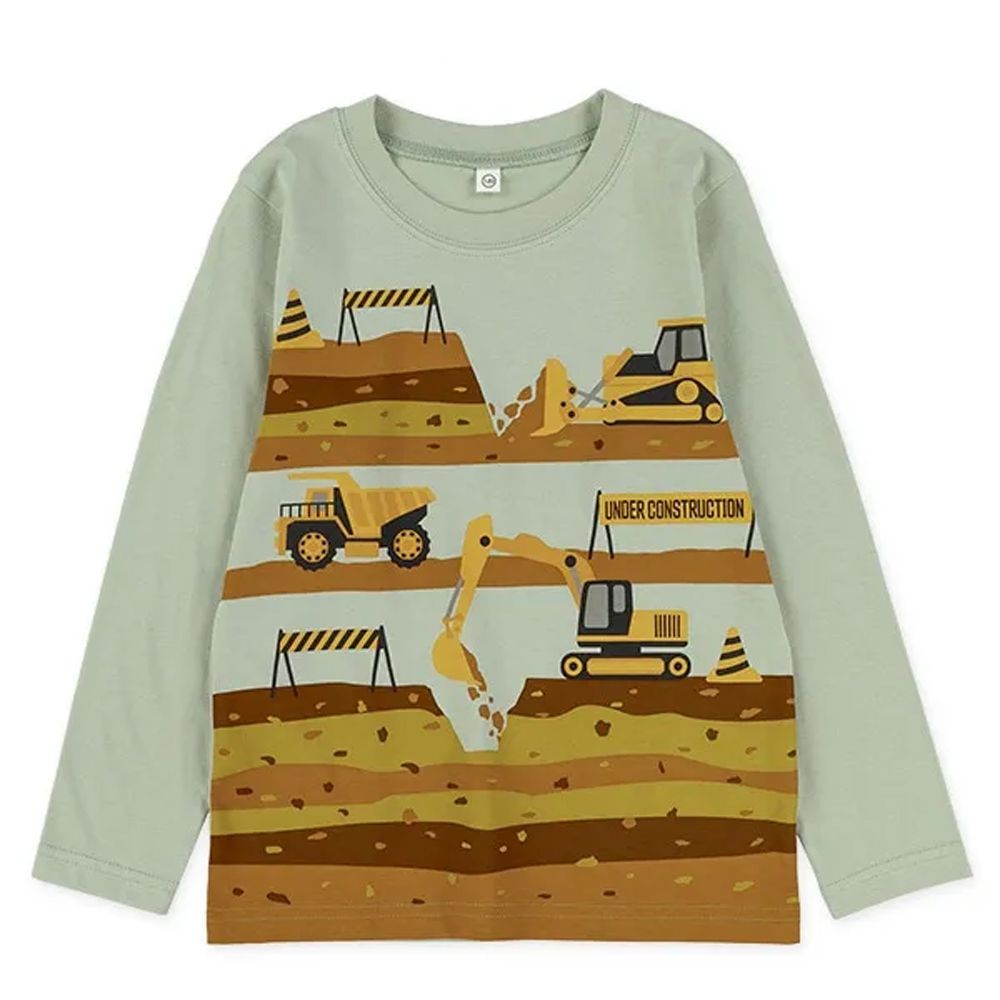 工作車風景印花長袖上衣-煙燻綠