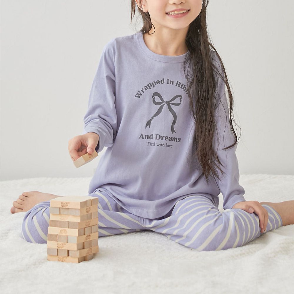 100%棉 高腰長袖家居服套裝-蝴蝶結條紋-藍紫