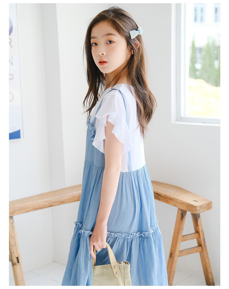 假兩件式拼接蛋糕裙洋裝-藍+白