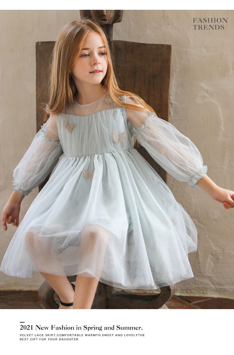 Little Deeyoo - 小仙女七分袖網紗連身洋裝-立體蝴蝶-藍色