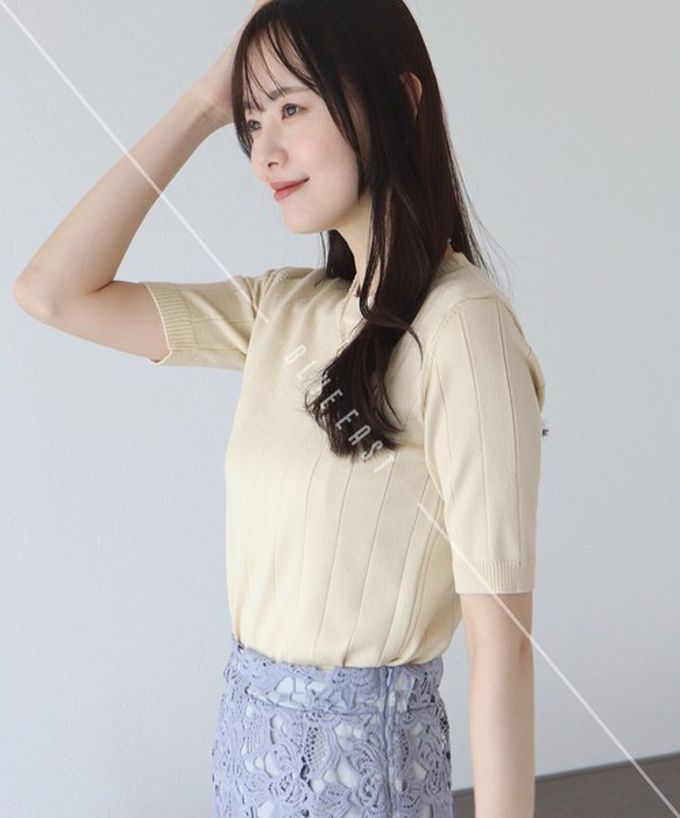 日本 BLUE EAST - 羅紋彈性薄針織五分袖上衣-薄荷綠