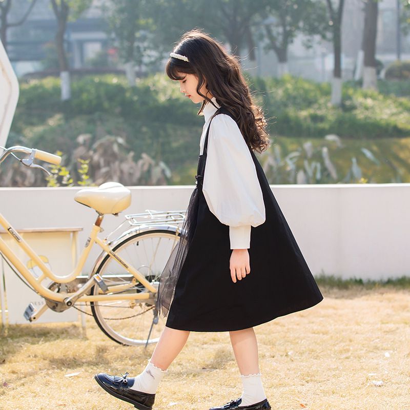 泡泡袖襯衫吊帶裙套裝-黑+白