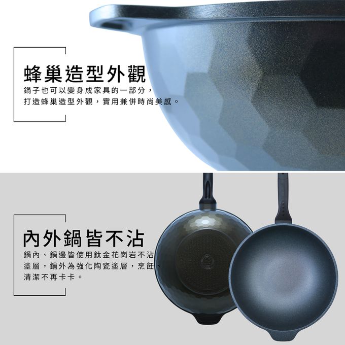 韓國Korea King - 韓國製IH蜂巢鈦金花崗岩不沾炒鍋-附蓋/一體成型/不挑爐具-32 cm