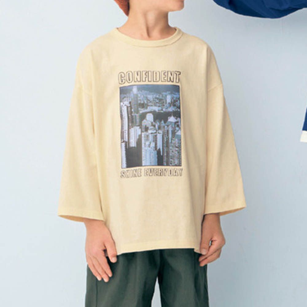 GITA 純棉印花七分袖上衣-高樓大廈-米白黃