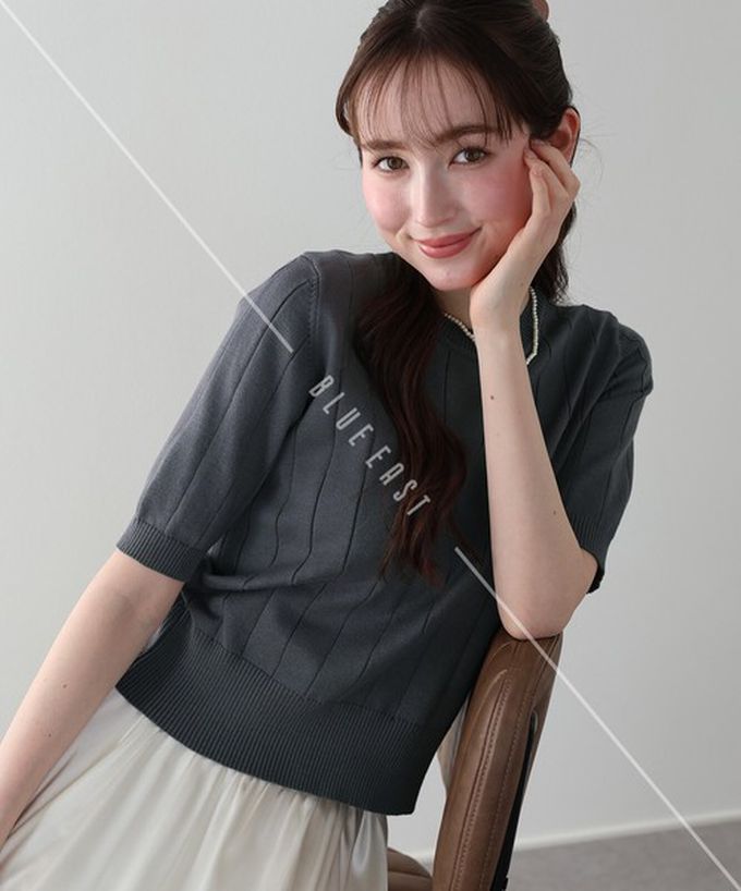 日本 BLUE EAST - 羅紋彈性薄針織五分袖上衣-復古紅