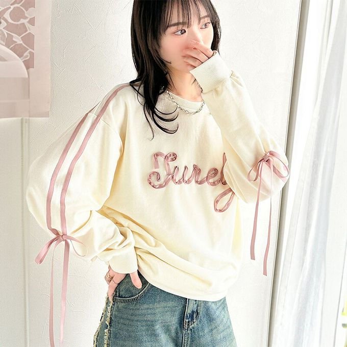 日本 Classical Elf - mily bilet 甜美袖蝴蝶結立體logo上衣-白緞帶-炭灰