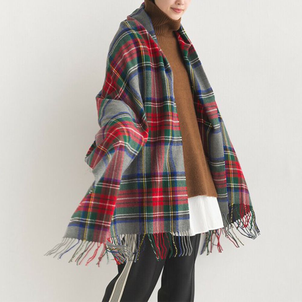 羊毛混紡經典格紋圍巾披肩-B(灰x紅)