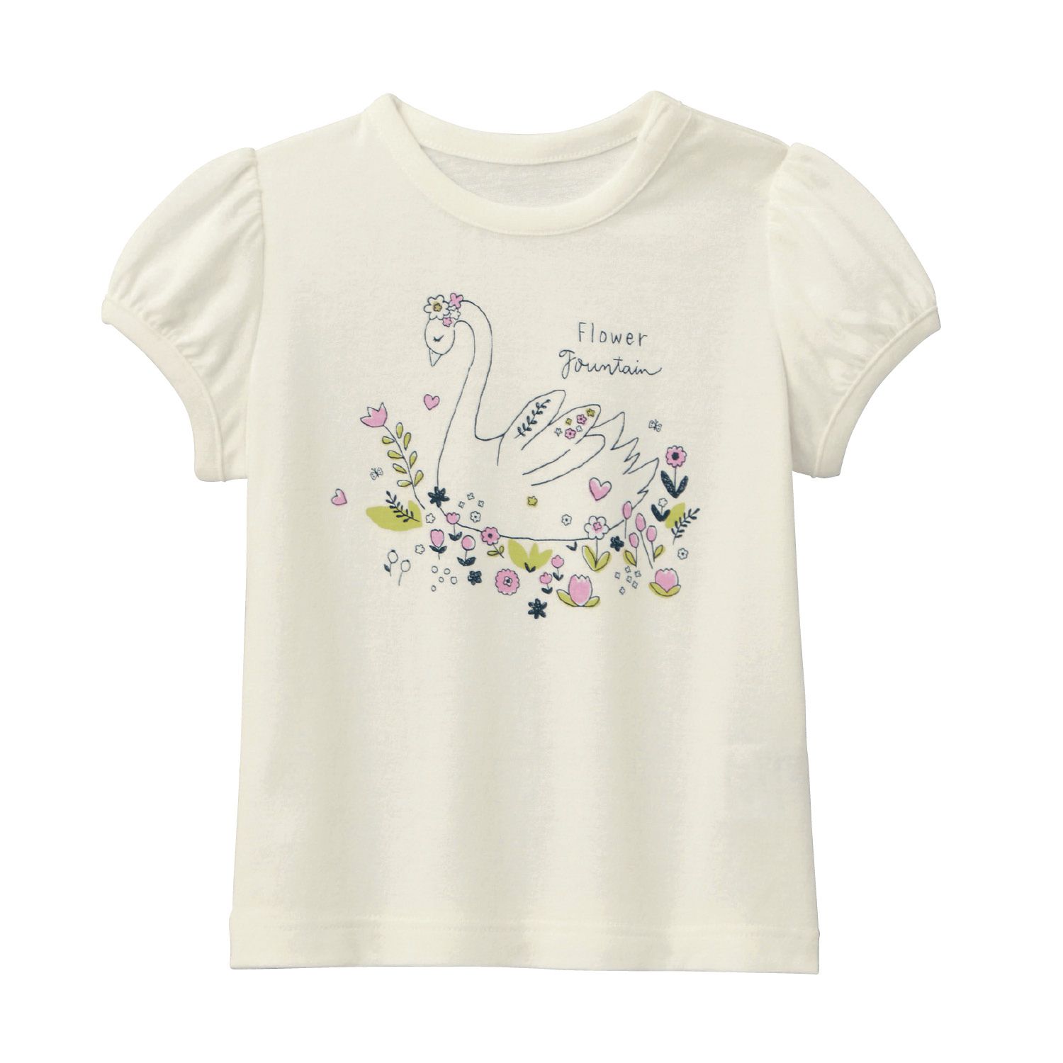 日本千趣會 - 天竺棉印花短T(小童)-花叢天鵝-白