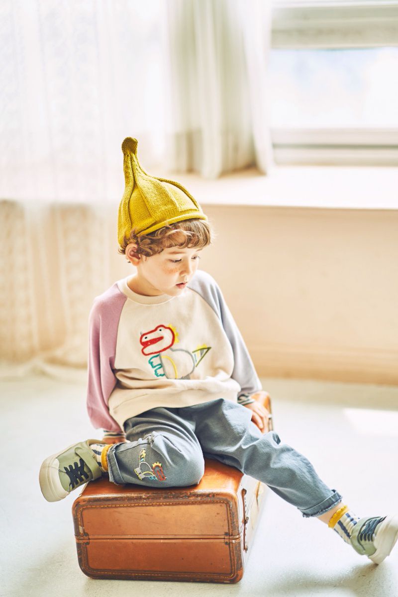 韓國 Mimico - 童趣拼色胖胖恐龍T-粉紅X灰