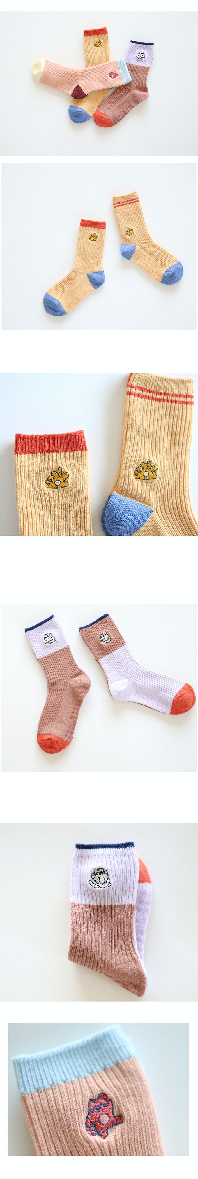 韓國 Kokacharm - 兒童中長襪/襪子三入組-刺繡老虎-紫咖X淺橘X粉橘