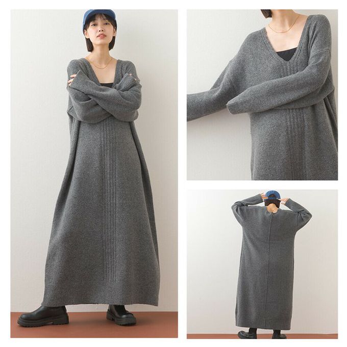 日本 OMNES - V領柔軟針織寬鬆感長袖洋裝-淺米灰