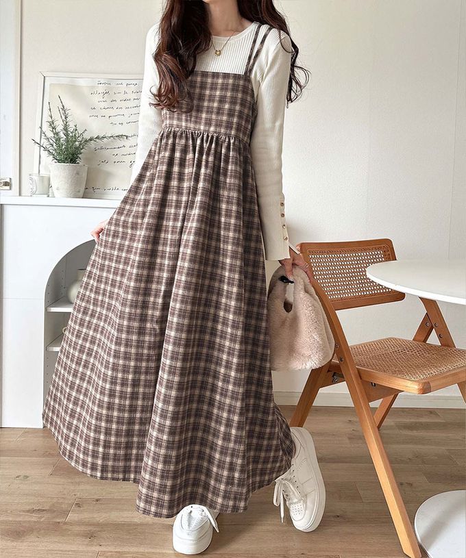 日本 Classical Elf - 學院風格紋甜美雙吊帶洋裝-咖啡