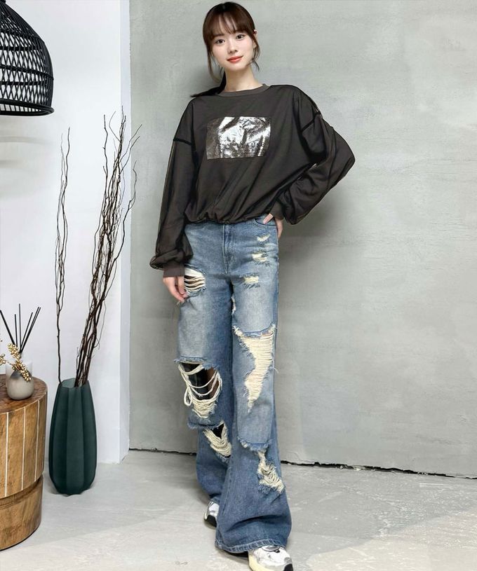 日本 Classical Elf - mily bilet 燙銀印花薄紗分層長袖上衣-時尚黑