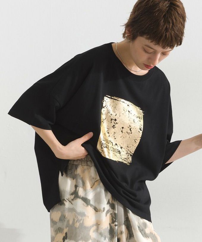 日本 le colis - 接觸冷感 金銀箔方塊印花T恤-橘