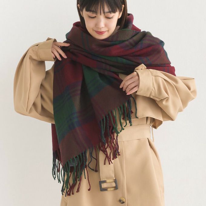 日本 OMNES - 羊毛混紡經典格紋圍巾披肩-B(灰x紅)