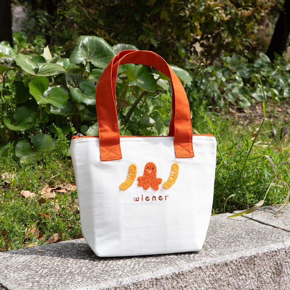 可愛刺繡保溫保冷便當袋/手提袋-小熱狗-白 (H21×W28×D10cm)