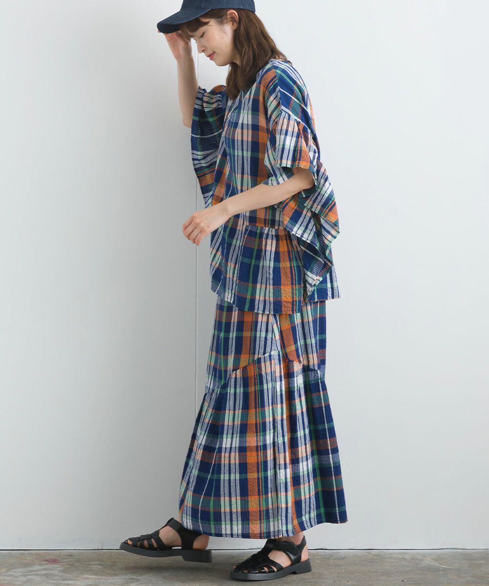 日本女裝代購 - 100%印度棉 超透氣飄逸長裙-大格紋-淺米杏
