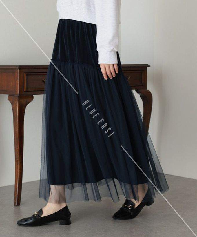 日本 BLUE EAST - 薄紗絲絨拼接飄逸長裙-(可選長度)-黑
