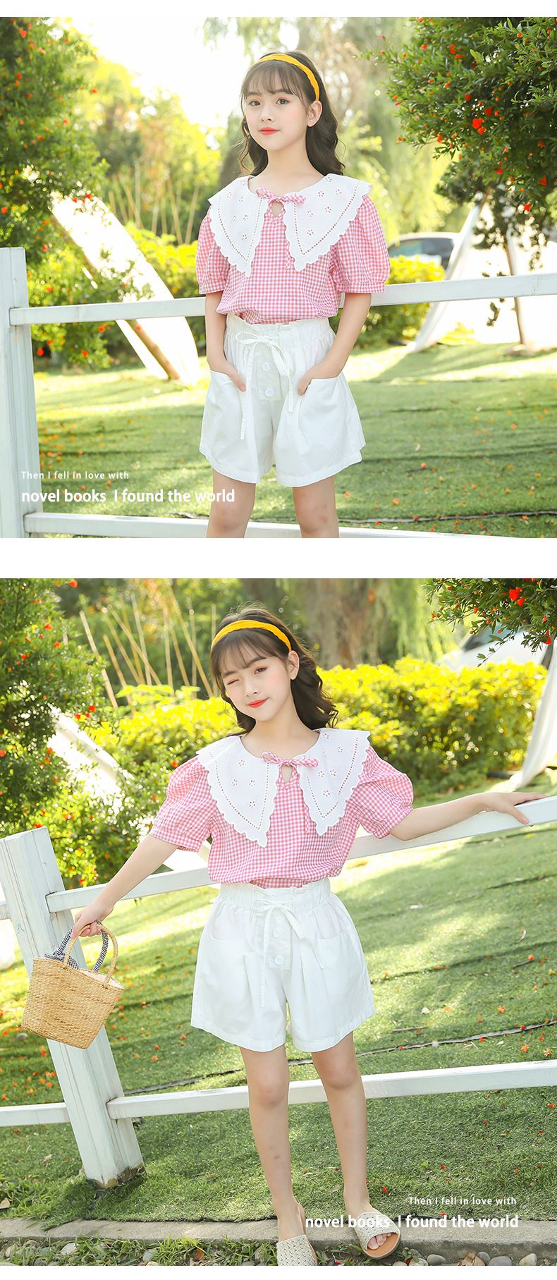 娃娃領短袖套裝-格紋上衣+花苞短褲-黑+白