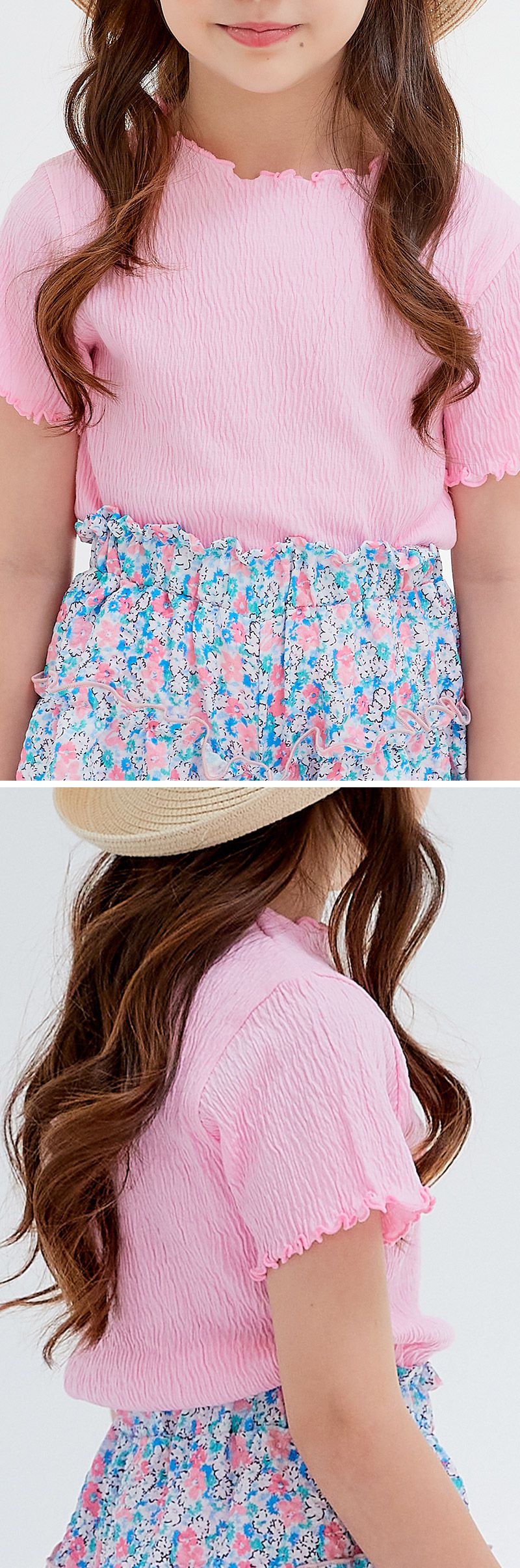 韓國 OZKIZ - 皺褶感上衣碎花褲裙套裝