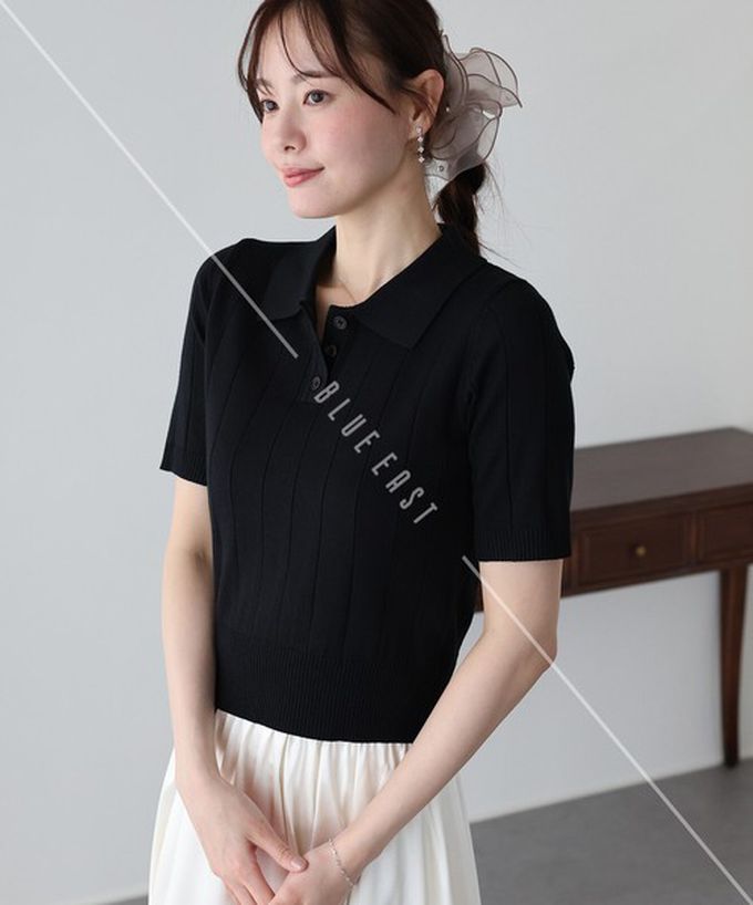 日本 BLUE EAST - 都會氣息寬羅紋針織短袖polo衫-黑
