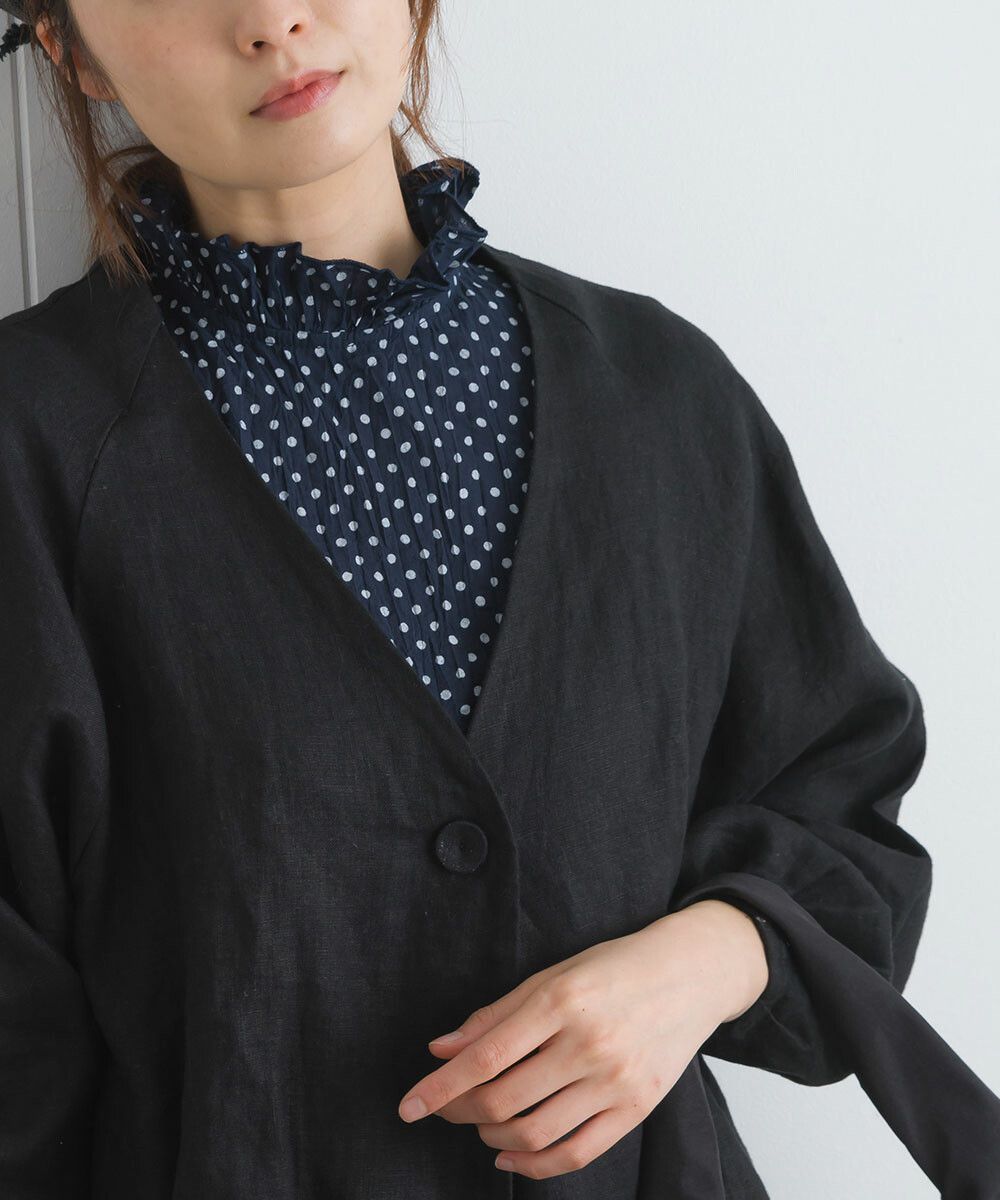 日本女裝代購 - 木耳領楊柳感無袖上衣-直條紋-深灰藍