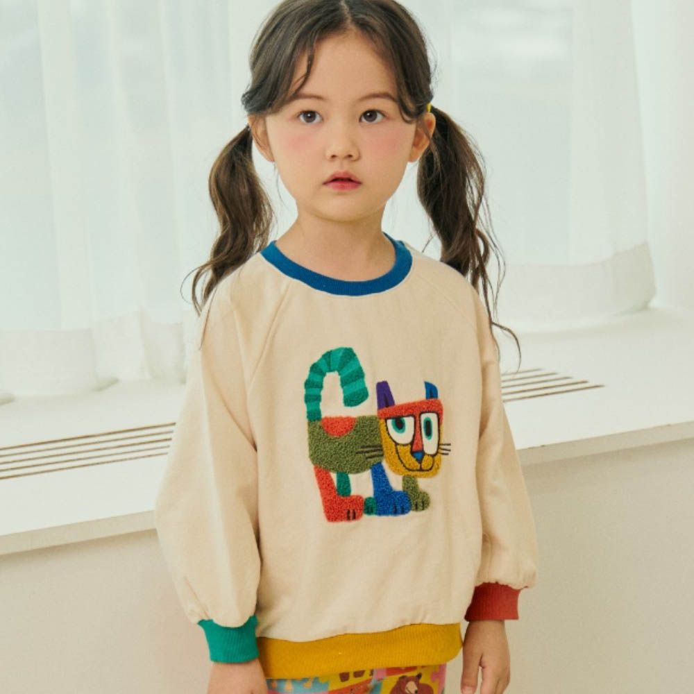 絨毛貓咪裝飾長袖上衣-米