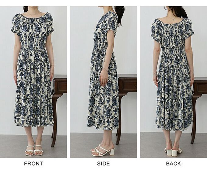 日本 BLUE EAST - 一字領2way露肩迷人短袖洋裝-歐風花卉-海軍藍