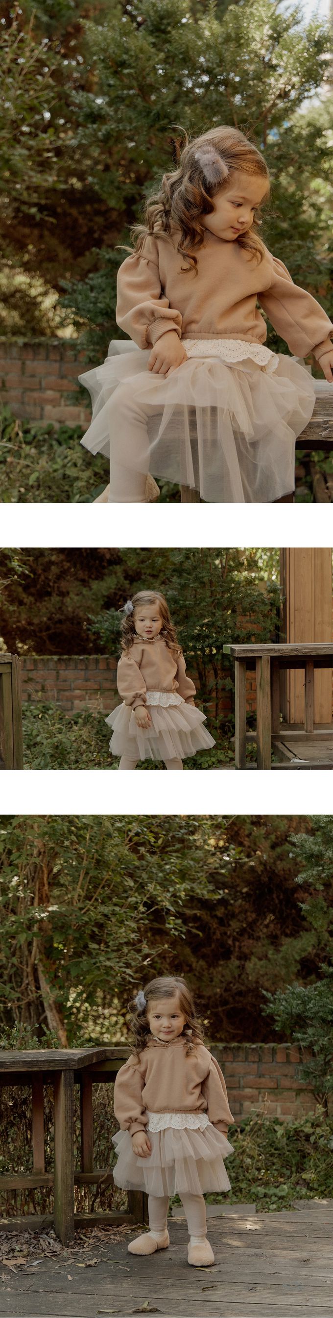 韓國 Puellaflo - 布花蕾絲點綴連帽上衣-棕