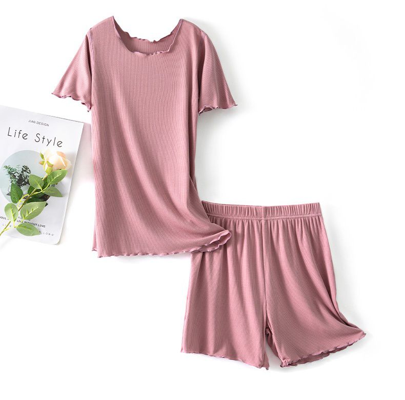 木耳邊圓領莫代爾Bra T短袖家居服套裝-粉色