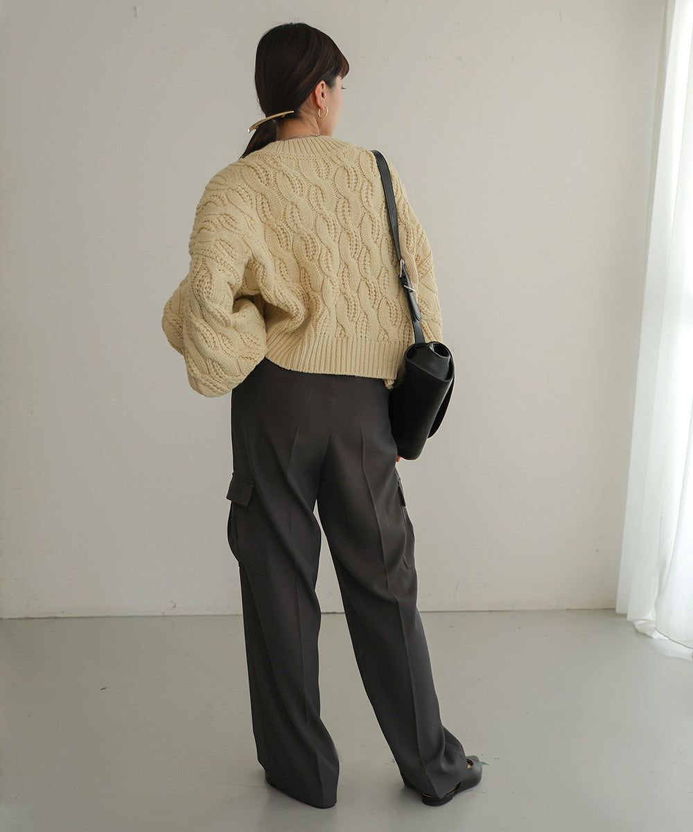 日本 Bab - 麻花編織圓領泡泡袖毛衣-粉膚