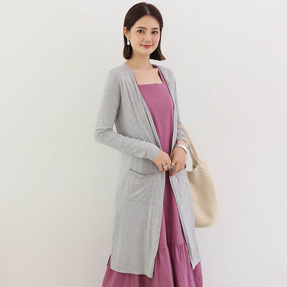 莫代爾雙口袋長版防曬外套/罩衫-淺灰 (F)