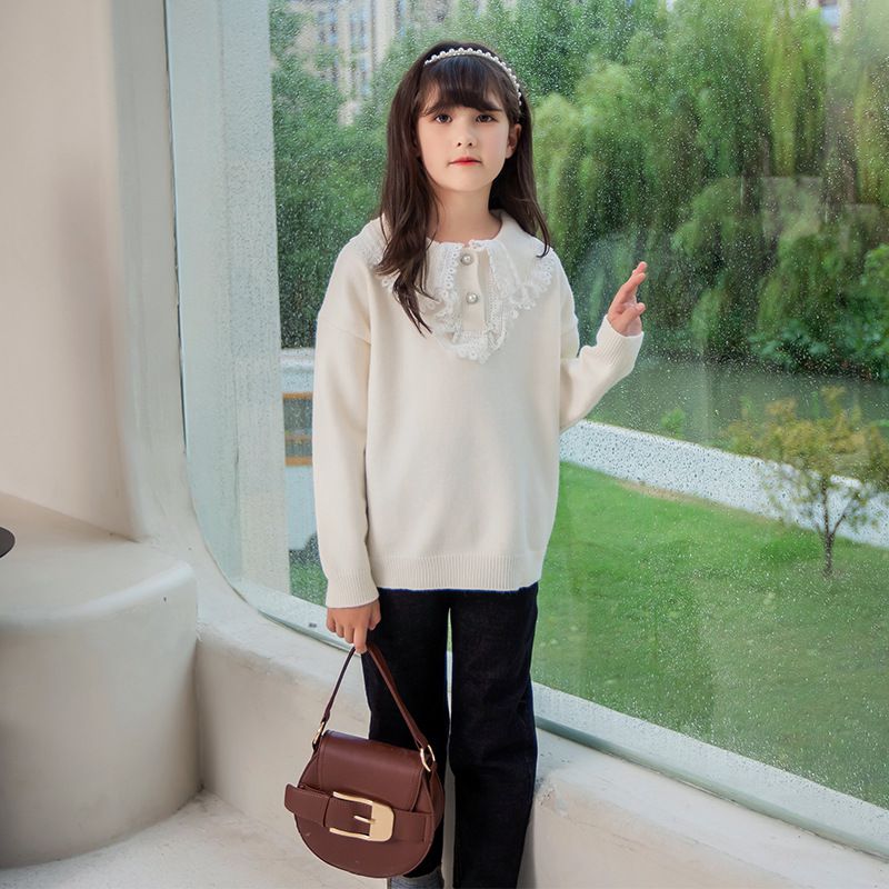 百搭秋冬針織毛衣-蕾絲珍珠-米白色