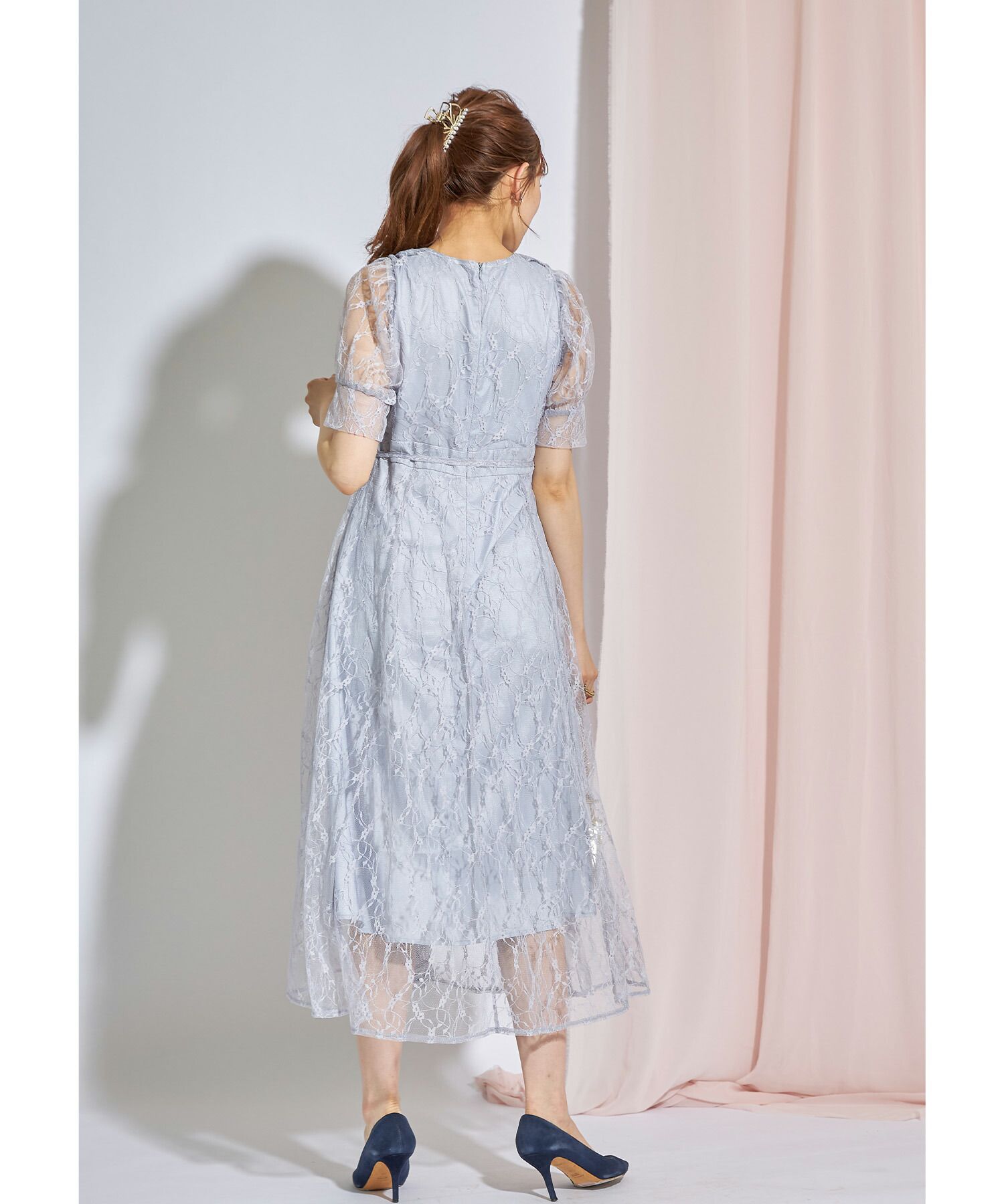 日本 tocco-closet - 優雅V領蕾絲縮腰洋裝-磚橘