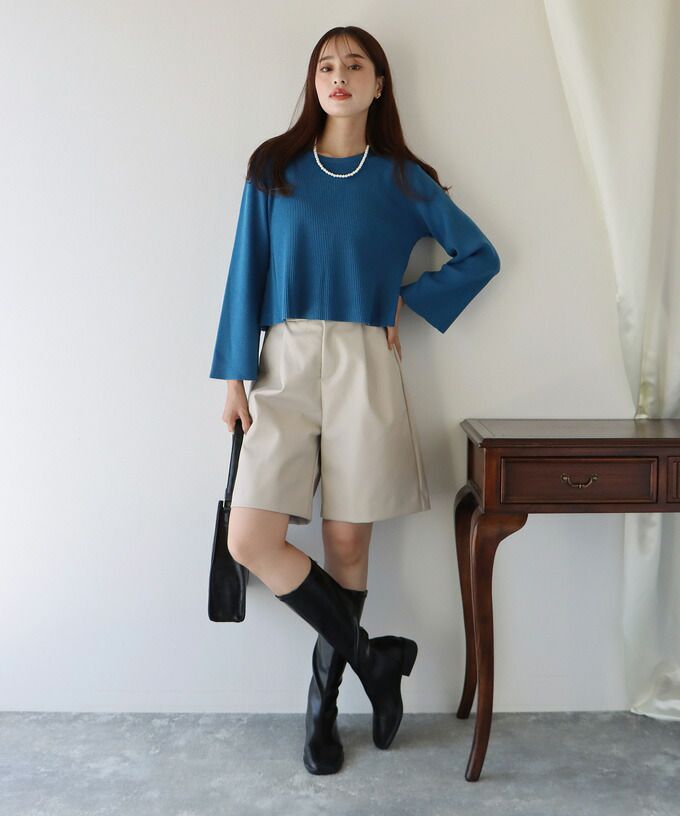 日本 BLUE EAST - 後交叉設計羅紋長袖上衣-咖啡棕