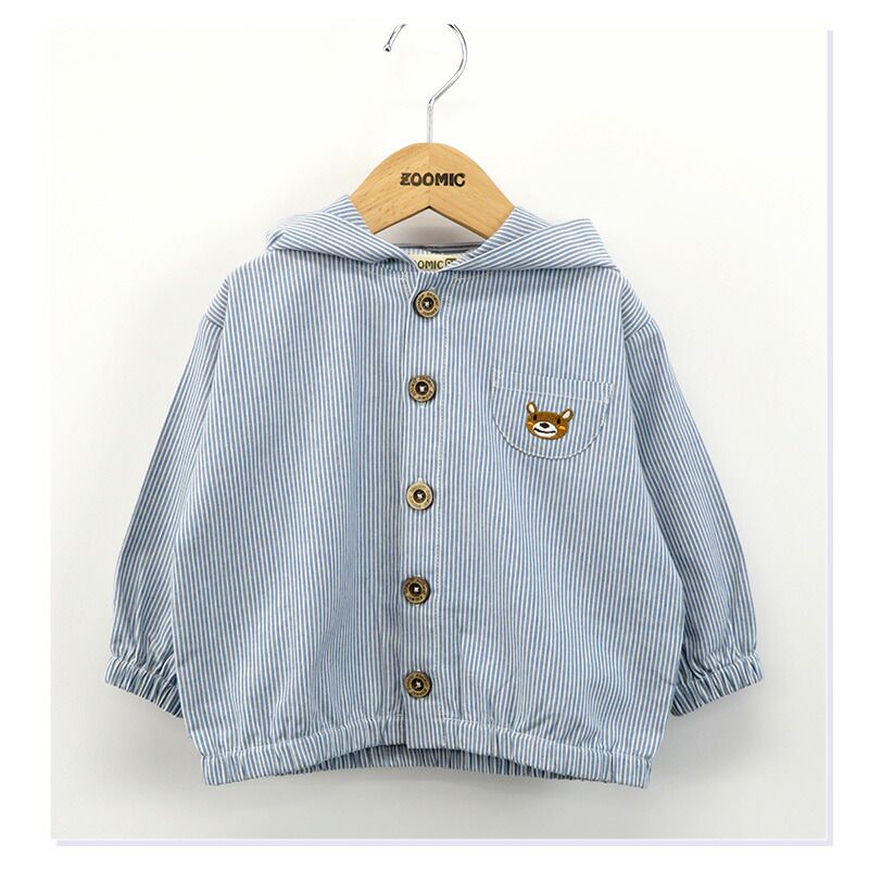 日本 ZOOLAND - 小熊刺繡口袋休閒連帽外套-藍條紋