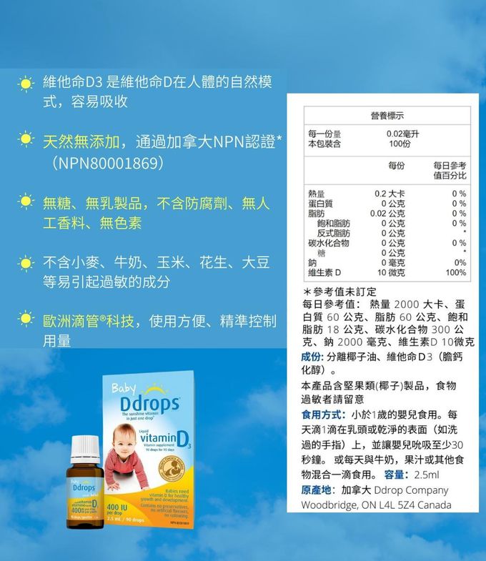 ddrops - Baby Ddrops 嬰幼兒維生素D3滴液-400IU (初生食用) （有效期：2023/09/30）-(適合15日~1歲嬰兒) (2入)