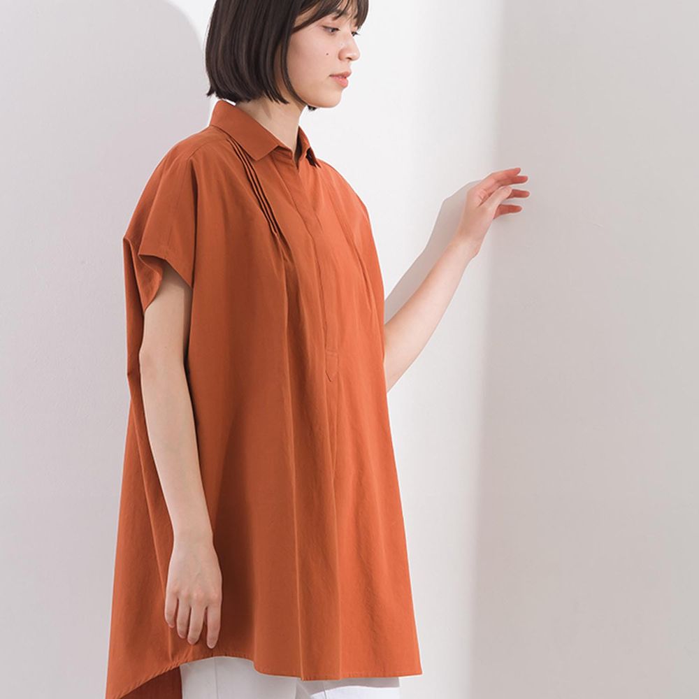 日本 OMNES - 質感舒適純棉寬鬆抓皺長版短袖襯衫-磚橘