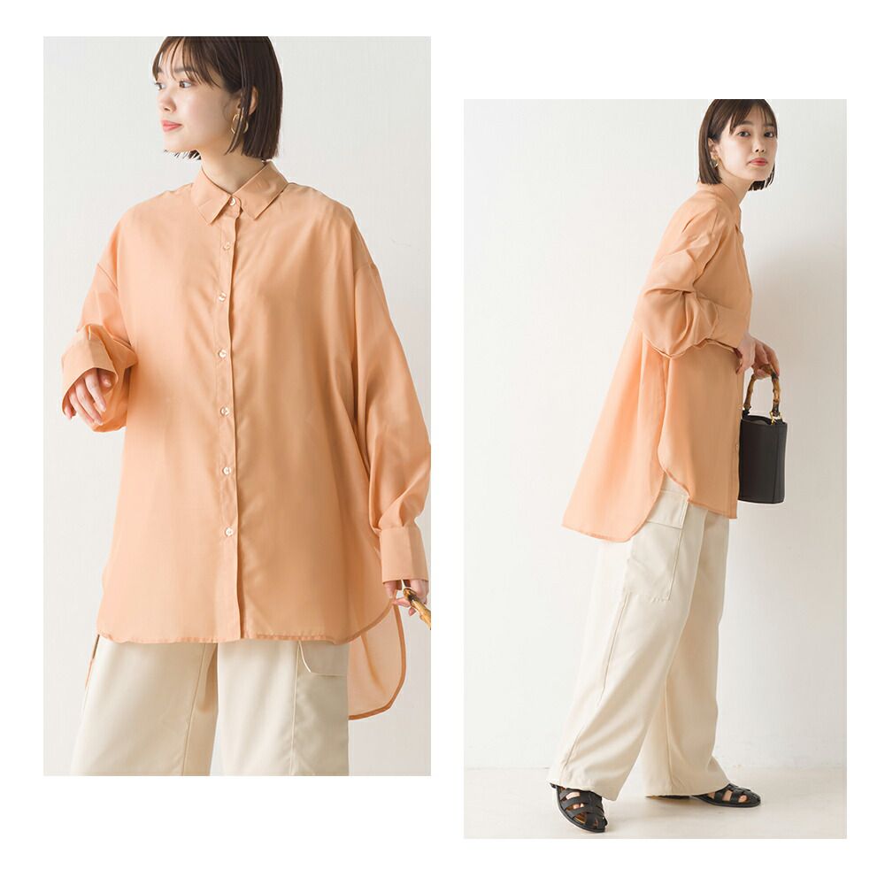 日本 OMNES - 透感前短後長翻領長袖襯衫-米杏