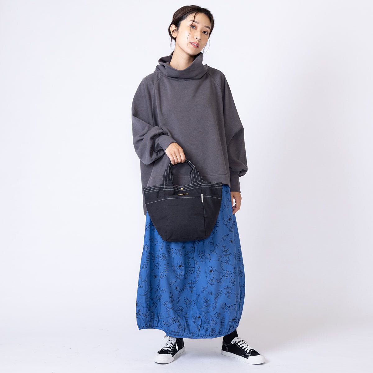 日本 Chepeli - 印度棉 刺繡手提帆布包/托特包-merci-黑 (25x37x16cm)