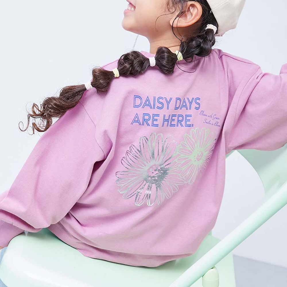 100%棉 閃亮金屬印花長袖上衣-雛菊-粉紅