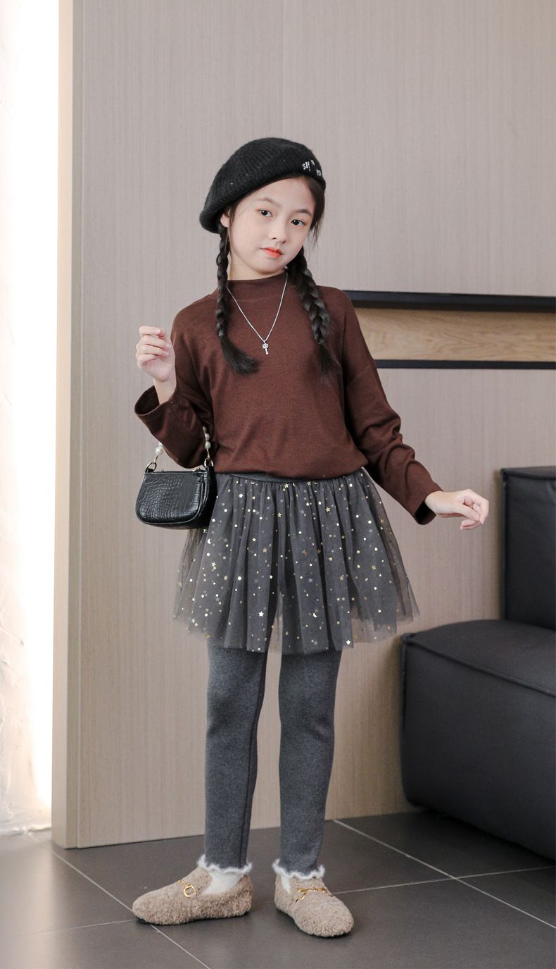 FANMOU - 加絨網紗亮片褲裙-星星月亮-灰色