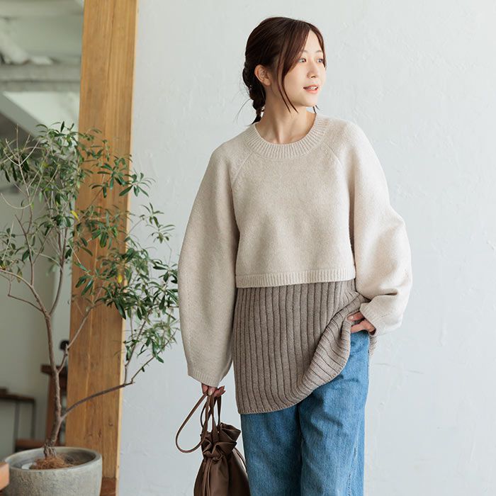 日本 ihuu - [熱銷款] 針織拼接後綁帶氣球袖毛衣-淺灰